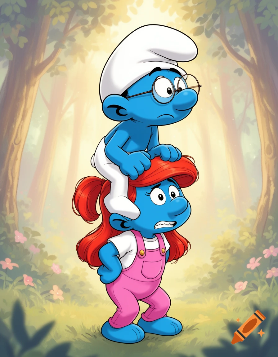 Cartoon of Brainy Smurf on Sassette Smurfling's shoulders in a forest, Sassette struggling under his weight.