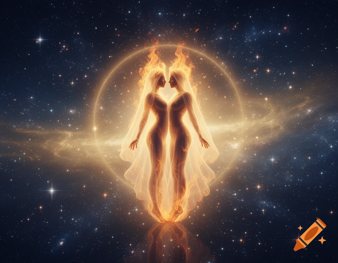 Two glowing, ethereal female figures stand back-to-back, enveloped in fire and light, against a backdrop of a starry galaxy.
