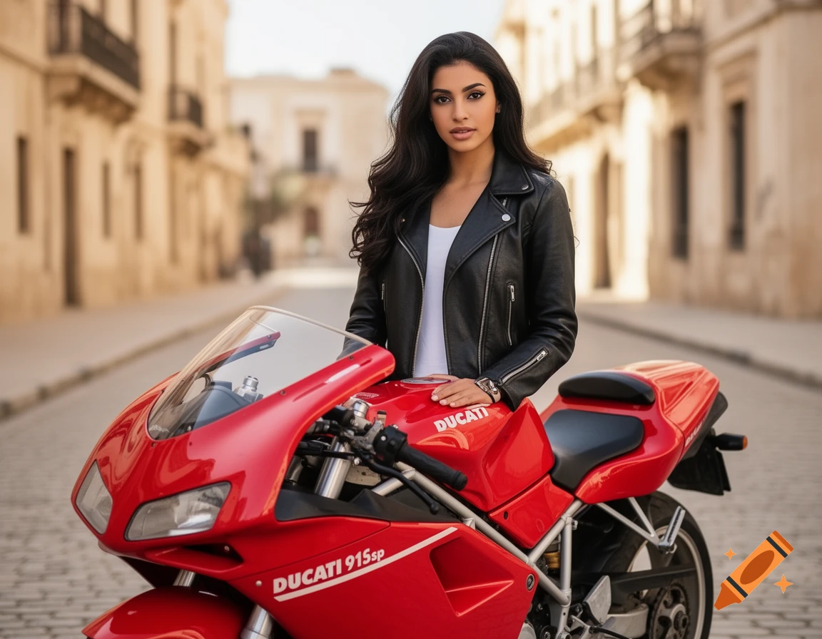 A beautiful young woman in a black leather jacket poses confidently with a red Ducati sport bike on a cobblestone street.