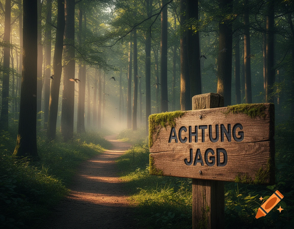 Photorealistic image of a sun-dappled forest path with a wooden sign reading 'ACHTUNG JAGD' (Attention Hunting) in the foreground.