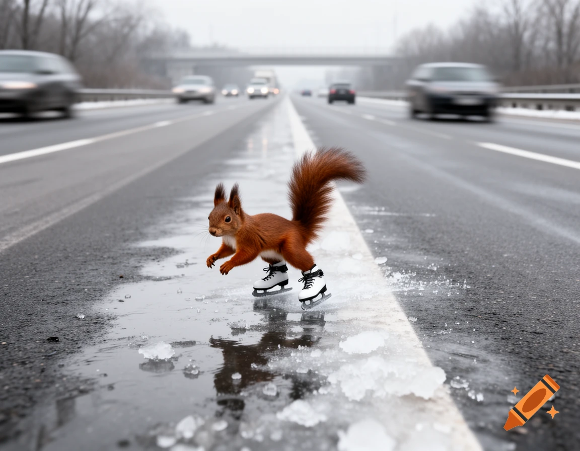 A photorealistic image of a squirrel wearing white ice skates, gliding across a wet, icy highway with blurred cars in the background.