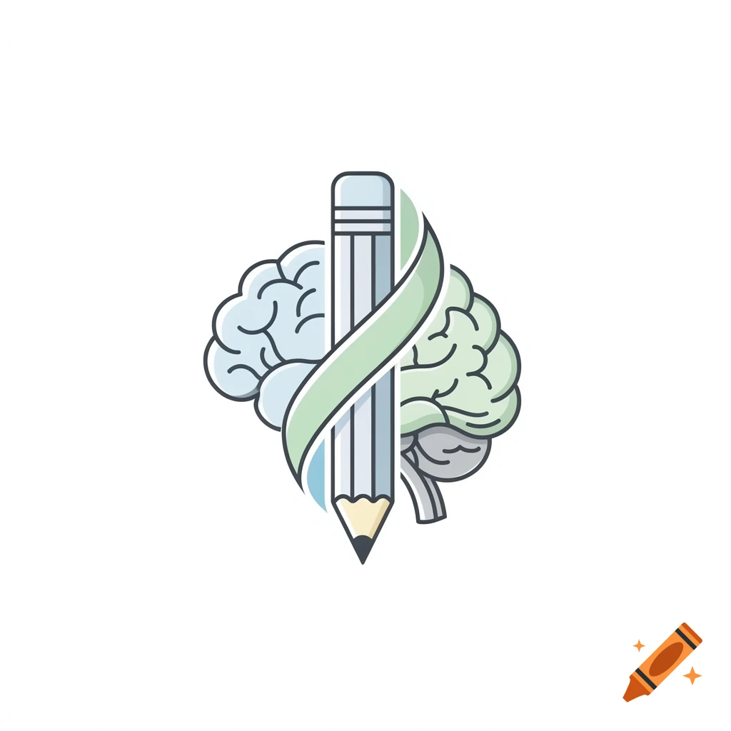 A stylized illustration showing a light blue and green brain with a light gray pencil vertically through its center, wrapped by a green ribbon.
