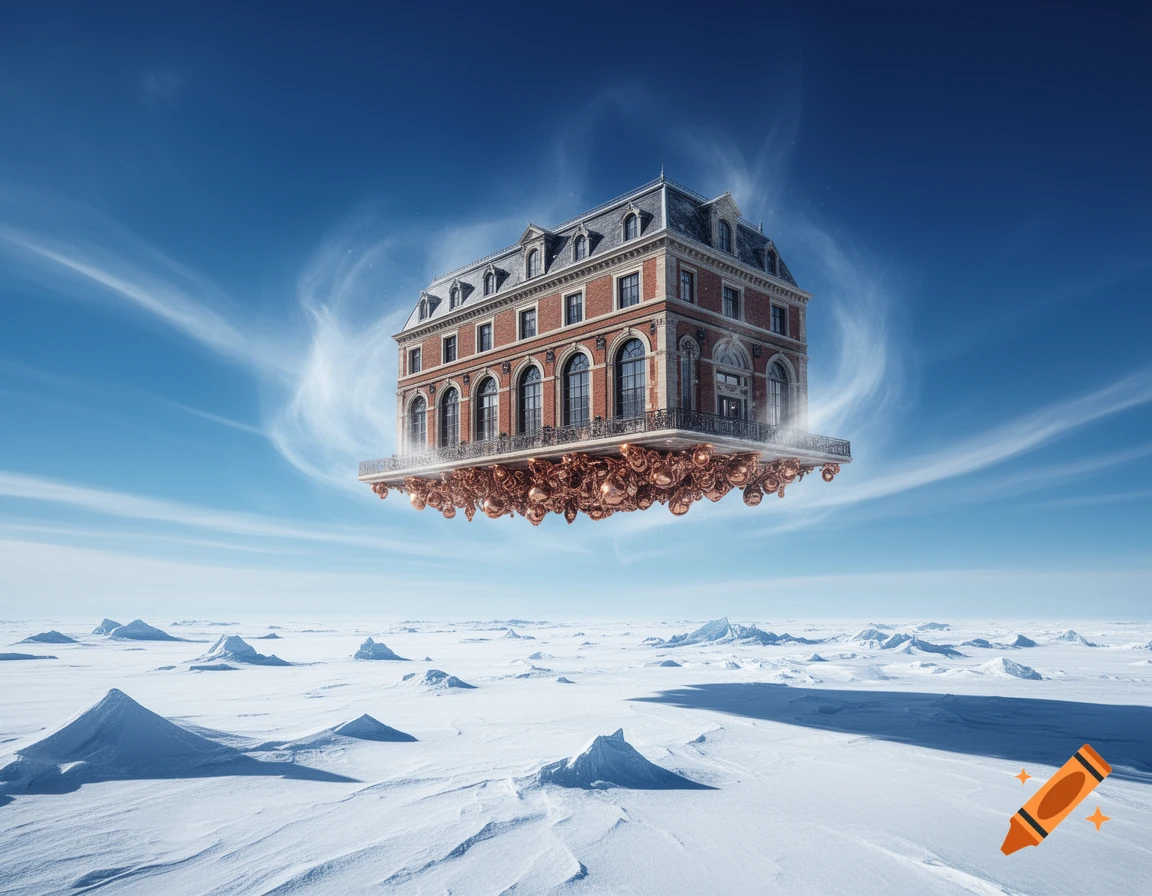 A grand brick building with an ornate base floats above a vast, snowy arctic landscape under a clear blue sky.
