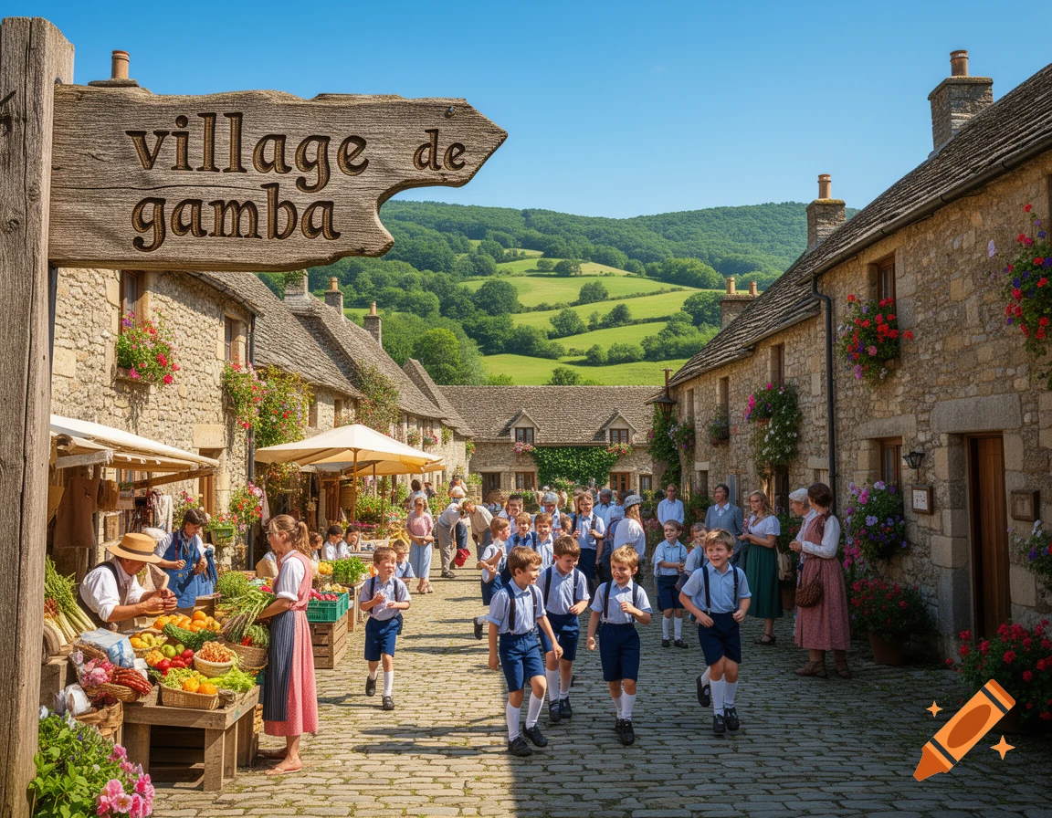 A picturesque village street with stone houses, a market stall, and children in school uniforms walking. A wooden sign reads "village de gamba".