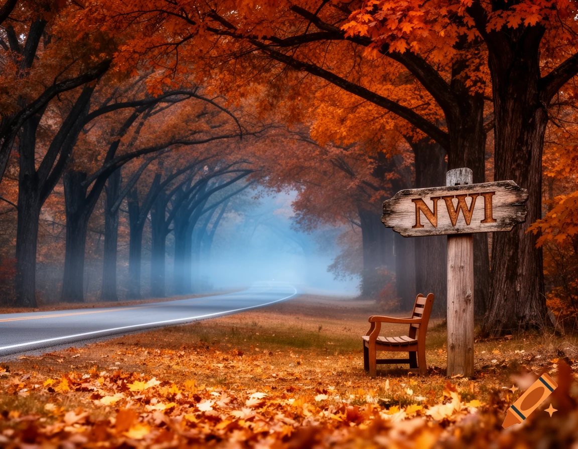 A winding road through a tunnel of vibrant orange autumn trees, with a wooden sign reading 'NWI' and a bench on the side.