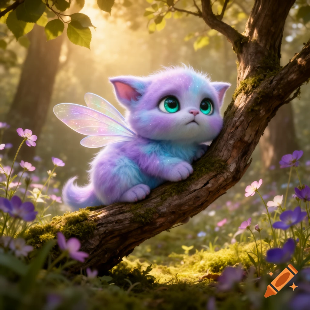 A fluffy, pastel purple and blue fairy kitten with sparkling wings and big green eyes sits on a mossy branch in a sunlit, magical forest.