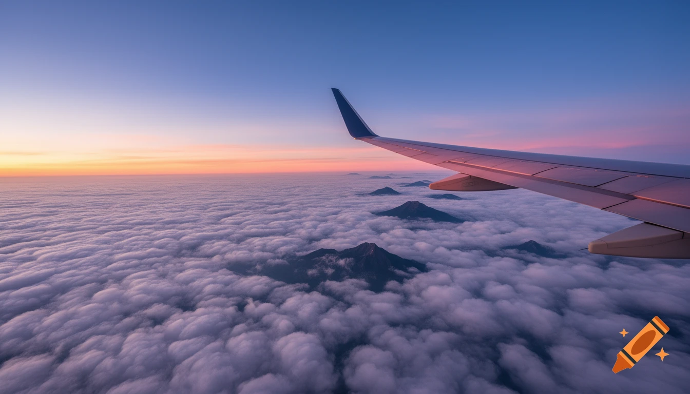 Photorealistic view from an airplane window at sunset, showing the wing, clouds, and mountain peaks.