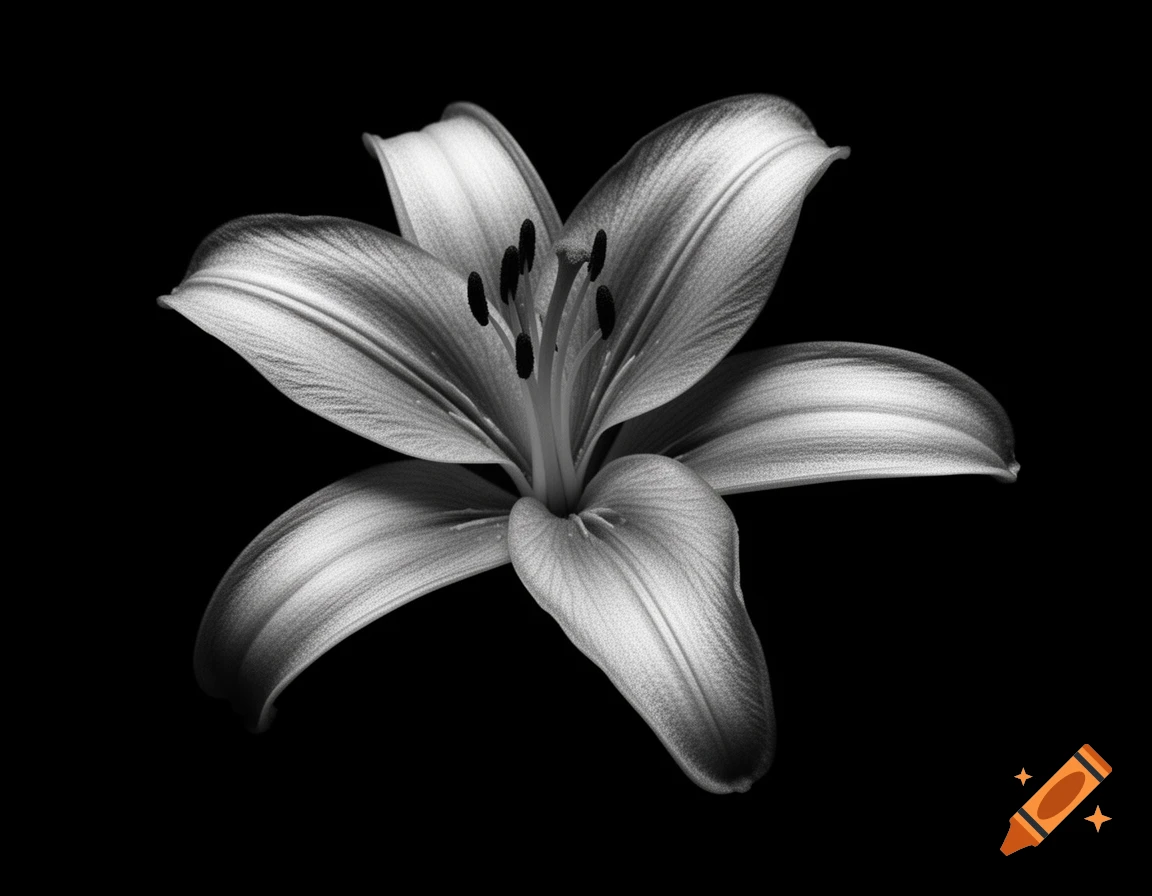 Close-up black and white photograph of a lily flower with a dark background.
