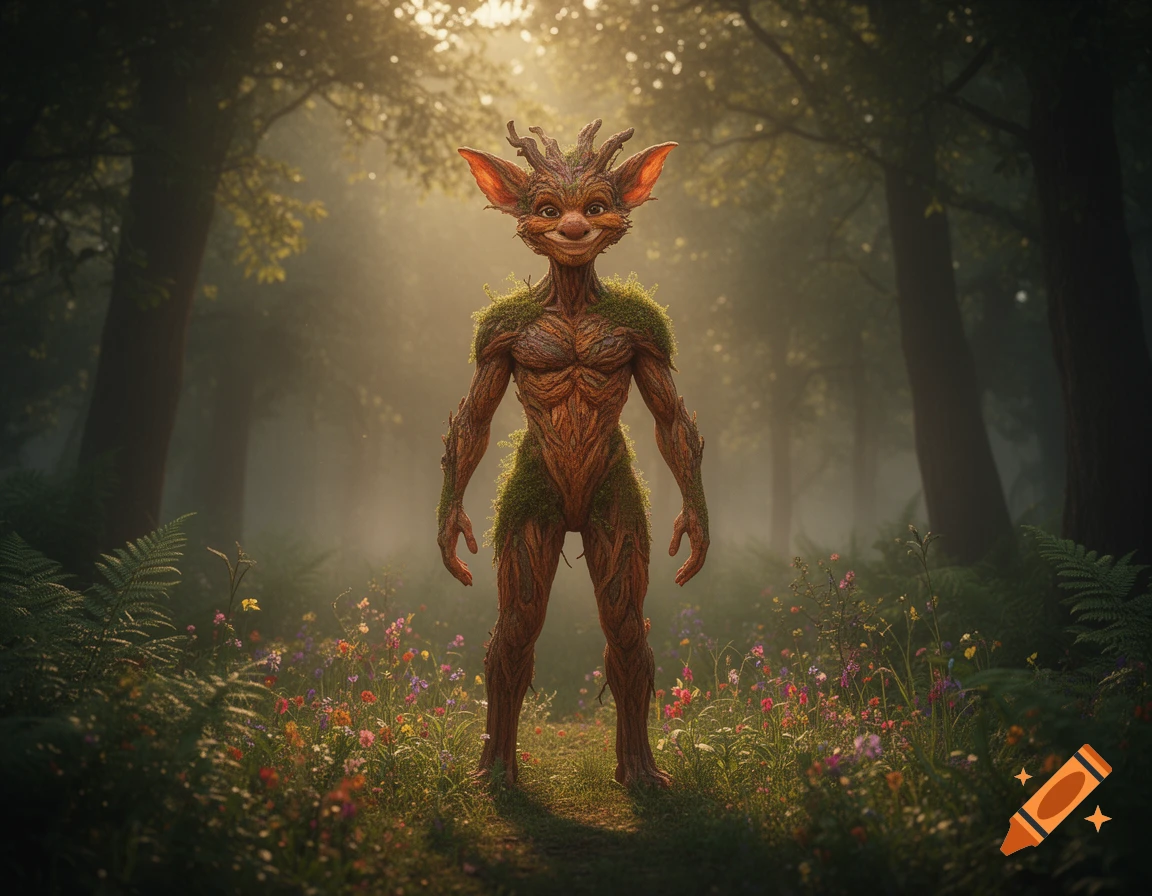 A smiling, anthropomorphic creature made of wood and moss stands in a sunlit, misty forest with wildflowers.