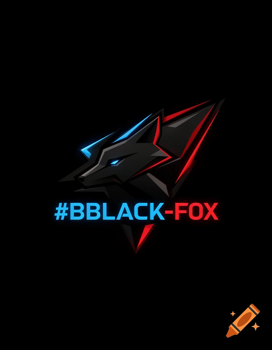 Stylized black fox head logo with sharp blue and red accents, above the text "#BBLACK-FOX" in matching colors.