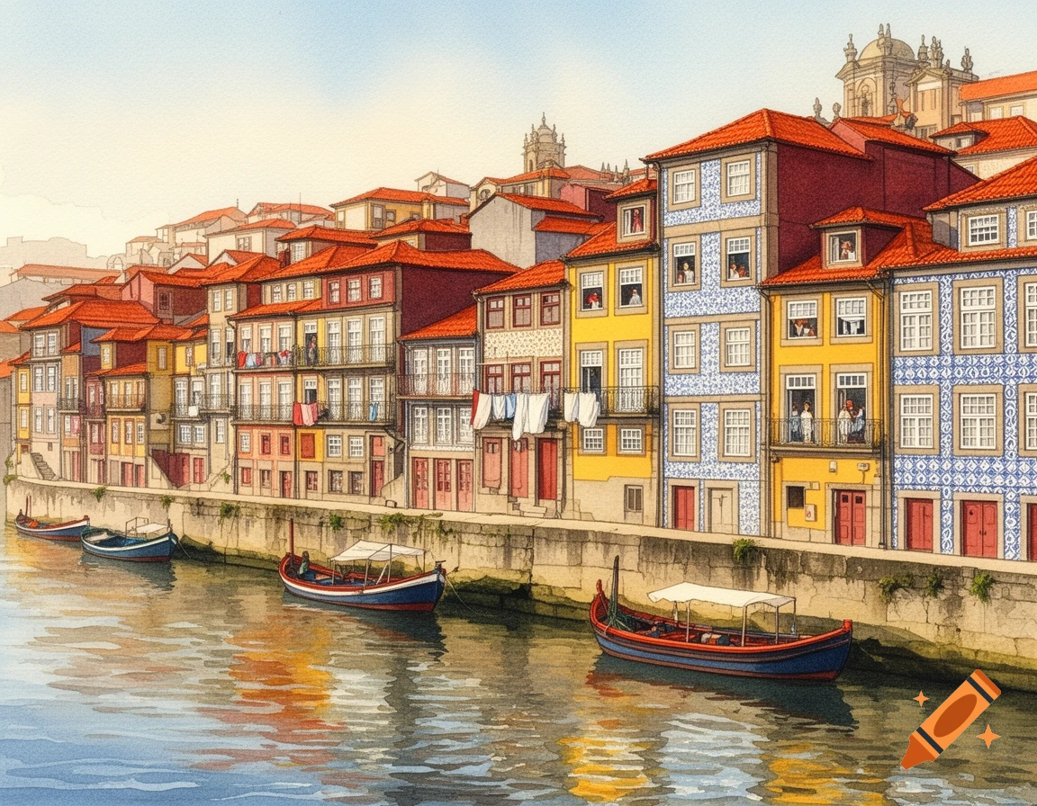 Watercolor illustration of colorful buildings with red roofs lining the Douro River in Porto, Portugal, with boats on the water.