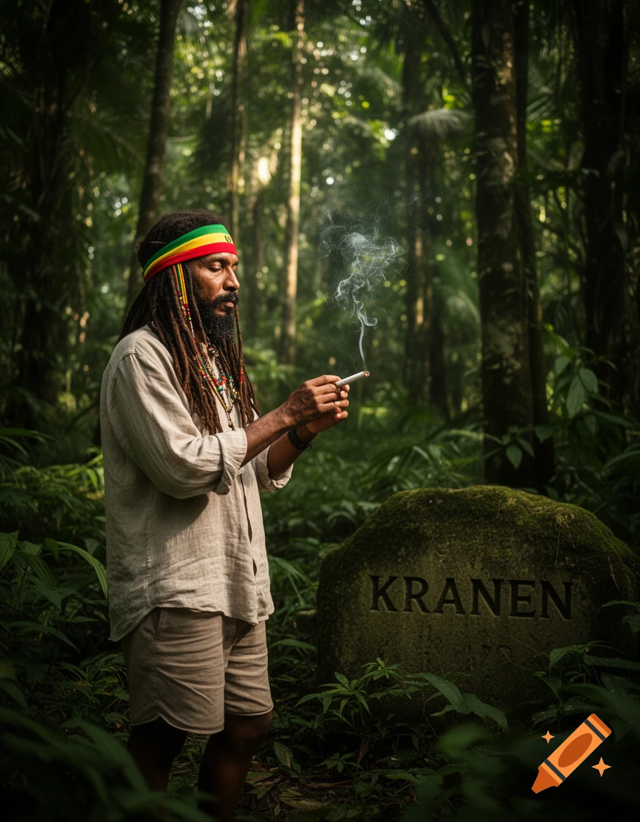 Photorealistic portrait of a Rastafarian man smoking in a lush jungle next to a mossy stone inscribed with 'KRANEN'.