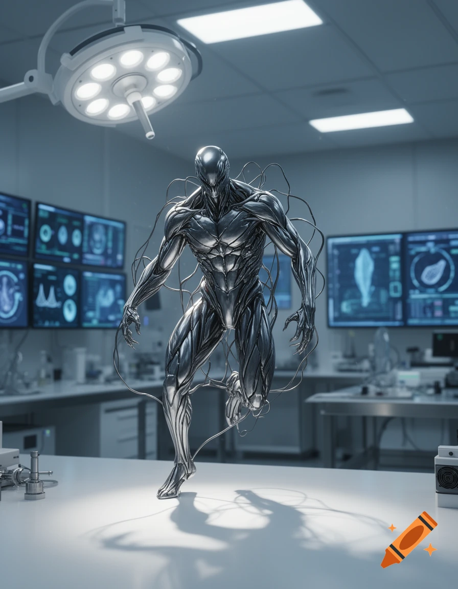 A metallic, sinewy symbiote creature in a dynamic pose stands in a bright, modern science laboratory.