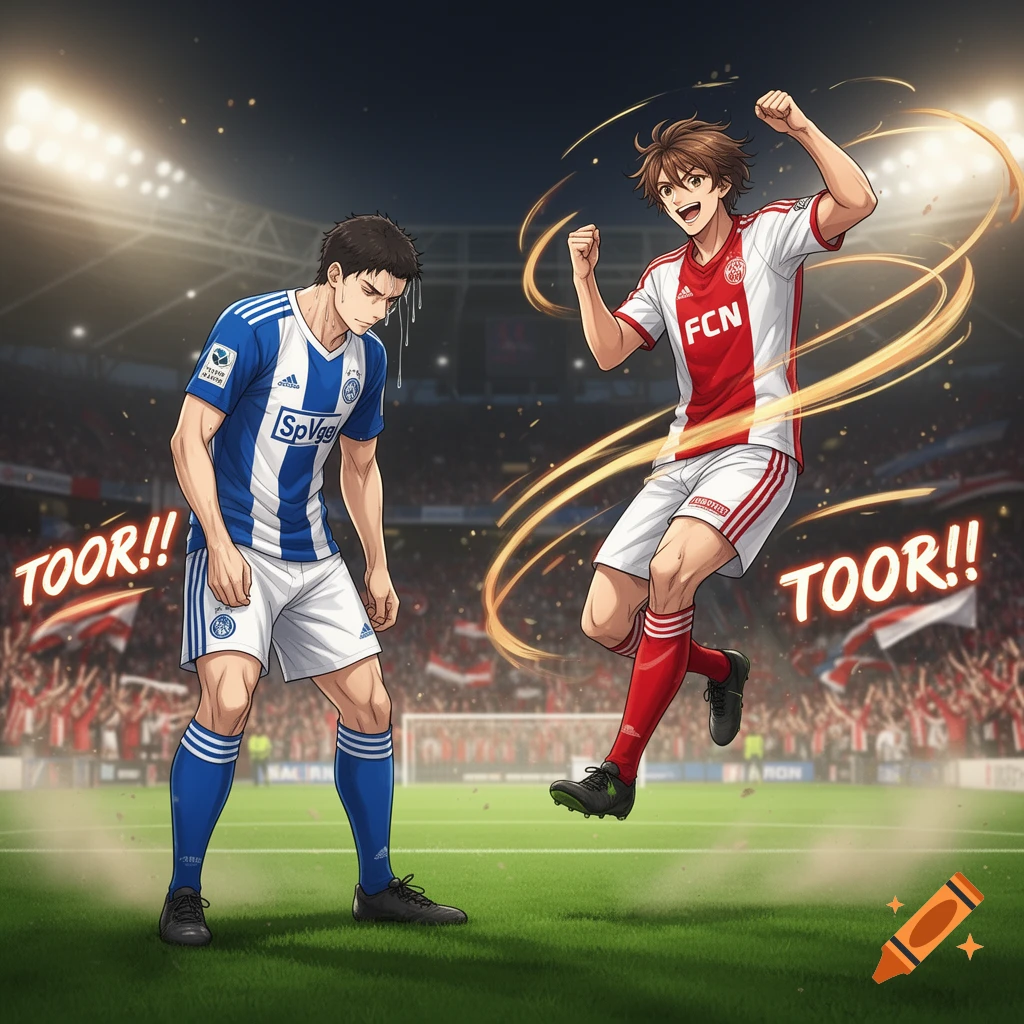 Two anime male soccer players on a stadium field. One in blue and white is dejected, while the one in red and white celebrates with "TOOR!!" text.