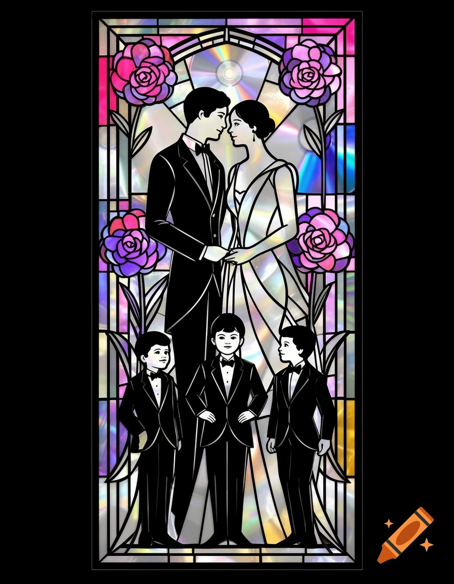 Art Deco stained glass illustration of a newlywed couple and their three young sons, with iridescent floral patterns.