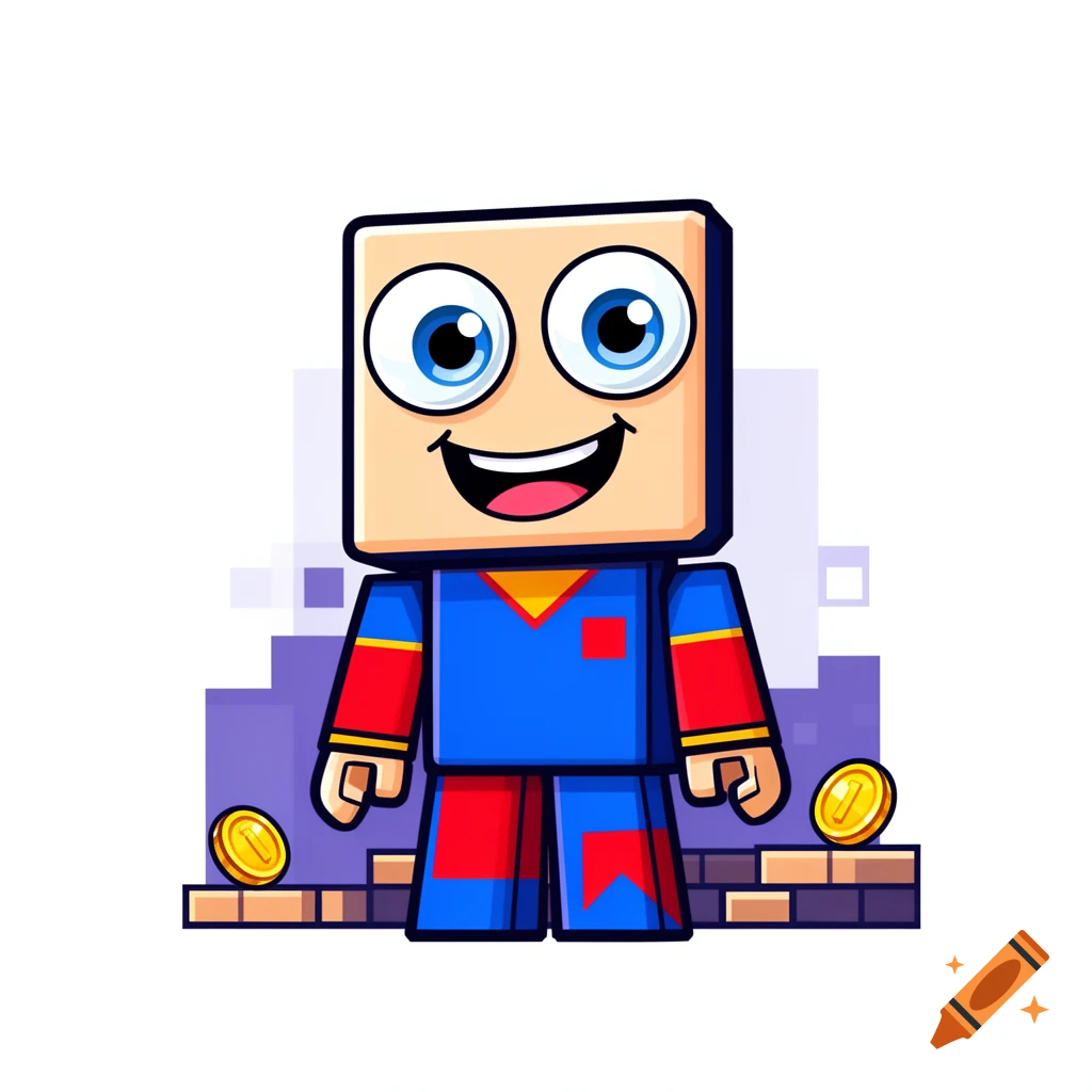 Cartoon blocky character in a blue and red outfit smiling, standing on pixelated blocks with gold coins.