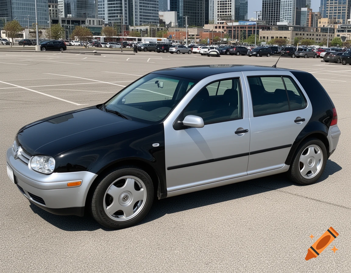 A two-tone black and silver VW Golf 4-door car parked in a large asphalt parking lot with city buildings in the background.