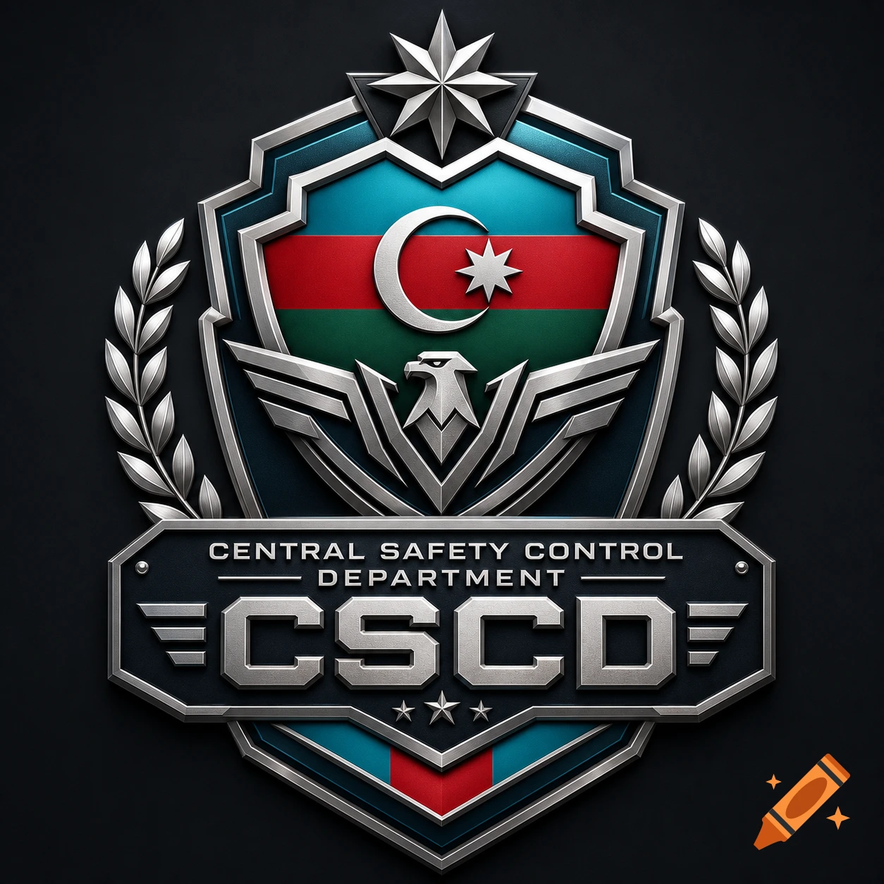 Metallic emblem for Central Safety Control Department (CSCD) featuring the flag of Azerbaijan, an eagle, and a star.