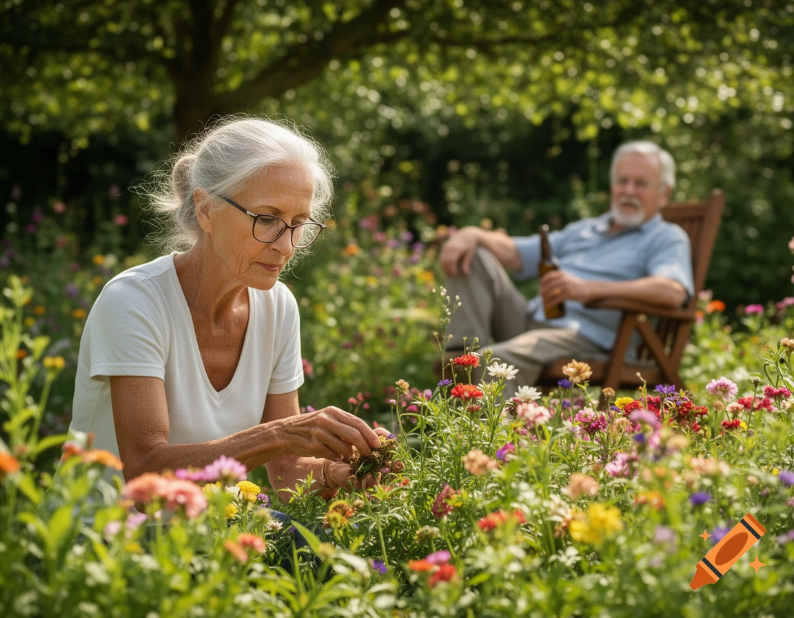 Elderly woman in glasses gardening among vibrant flowers as an elderly man relaxes with a beer in the sunny background.