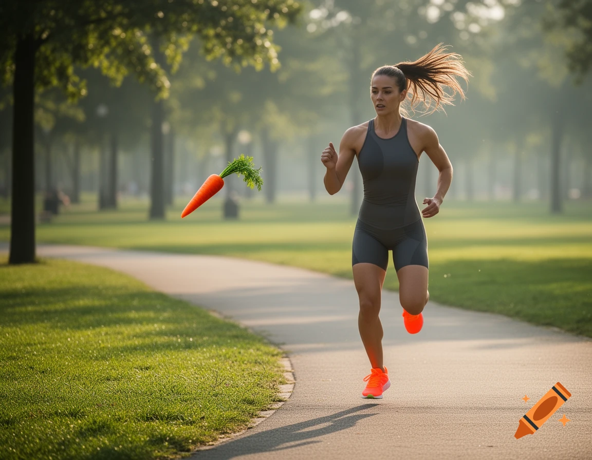 A fit woman in gray athletic wear runs on a path in a park, chasing a floating carrot. Photorealistic.