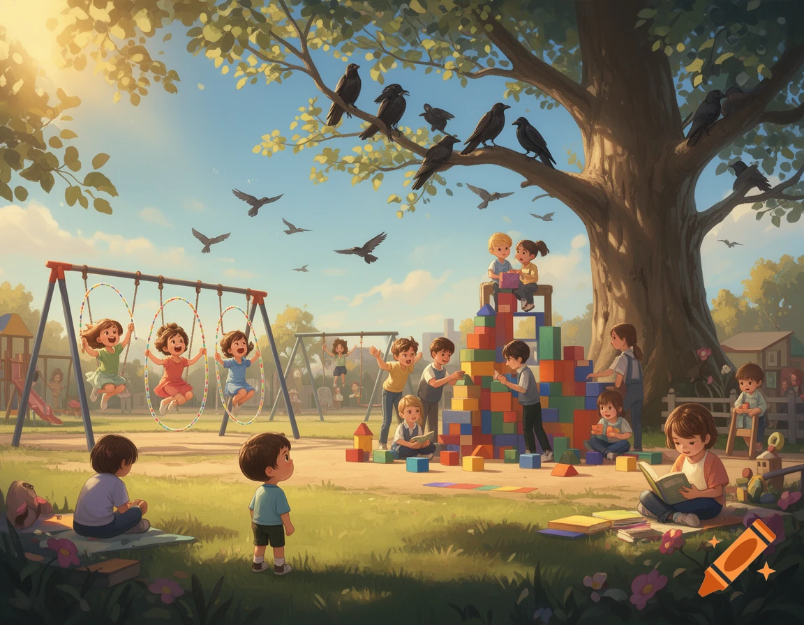 Children play and read in a sunny, illustrated playground under a tree with crows.