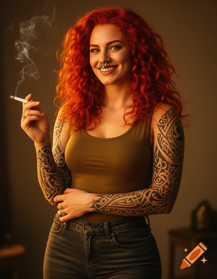 A smiling woman with vibrant red curly hair, a septum ring, and tribal arm tattoos, holding a smoking cigarette.