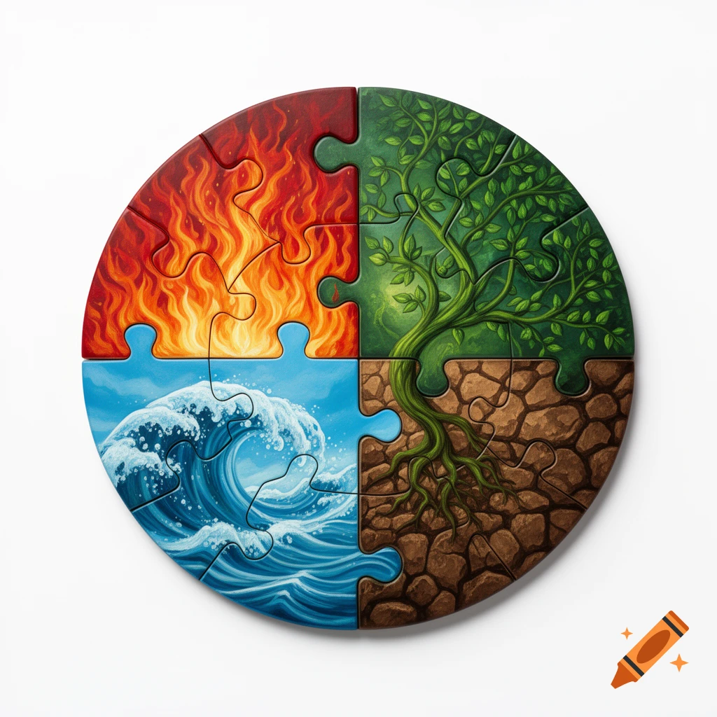 A circular puzzle depicting the four elements: fire, water, a green tree, and cracked earth, each forming a quarter.