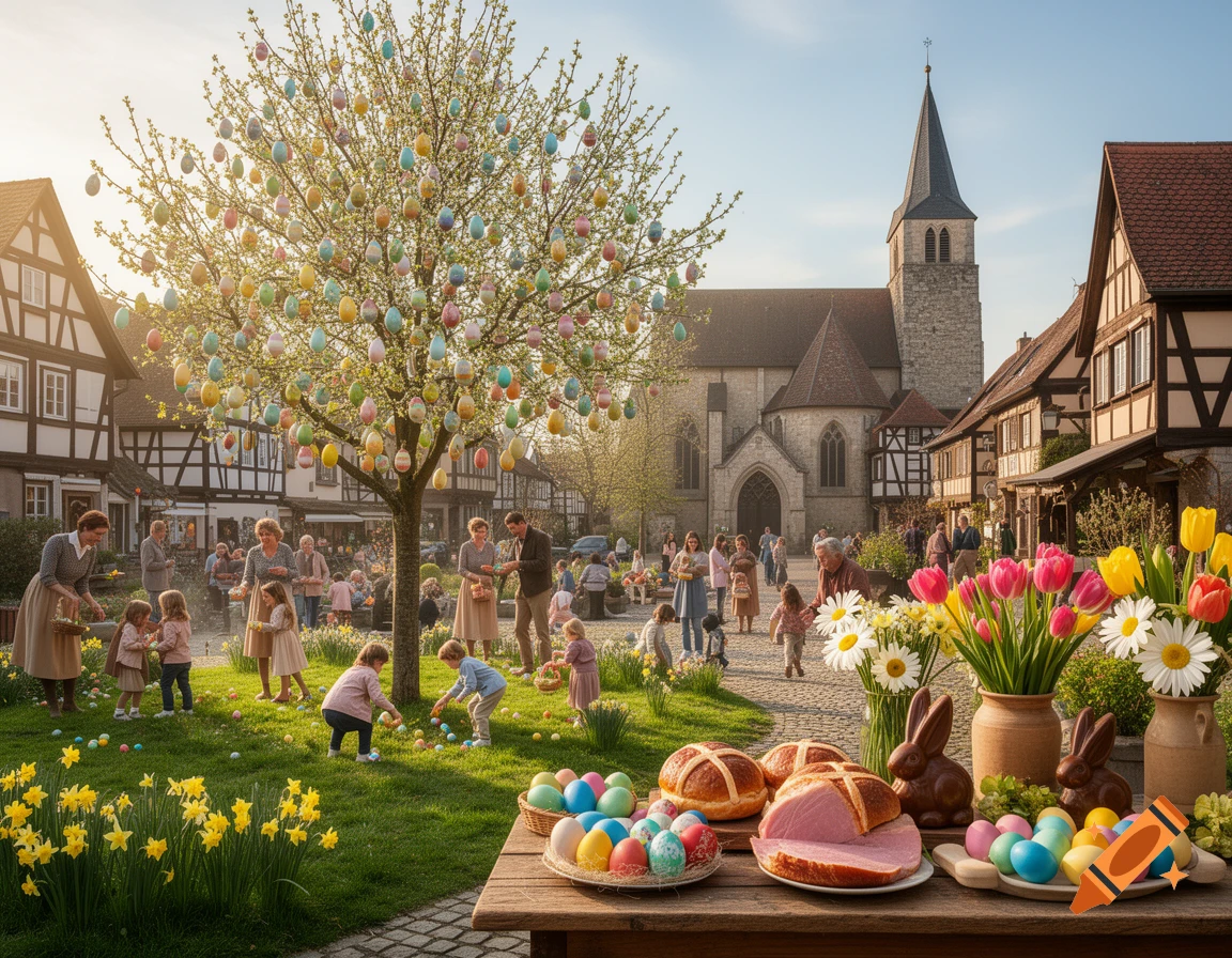 Photorealistic Easter celebration in a German village. Families and children gather eggs under a decorated tree. Table with food and eggs.