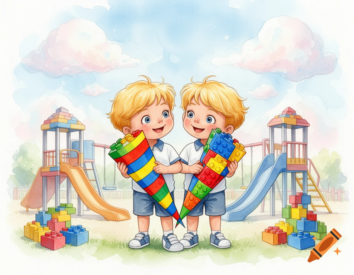 Two blond twin boys hold colorful LEGO-like school cones at a playground with building blocks, in a watercolor illustration.