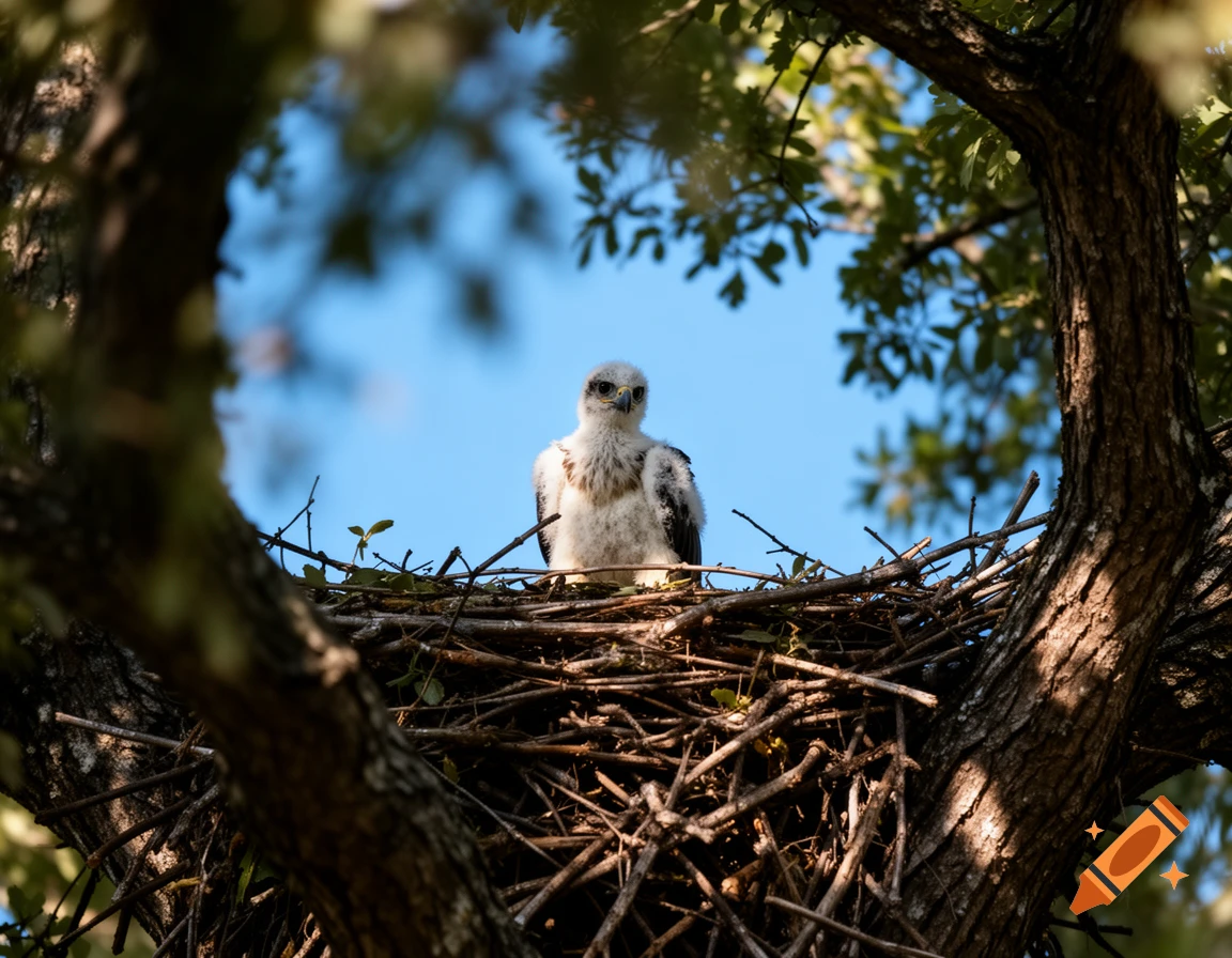 A fluffy baby eagle chick sits in a large, messy nest of sticks, framed by dark tree branches against a clear blue sky.