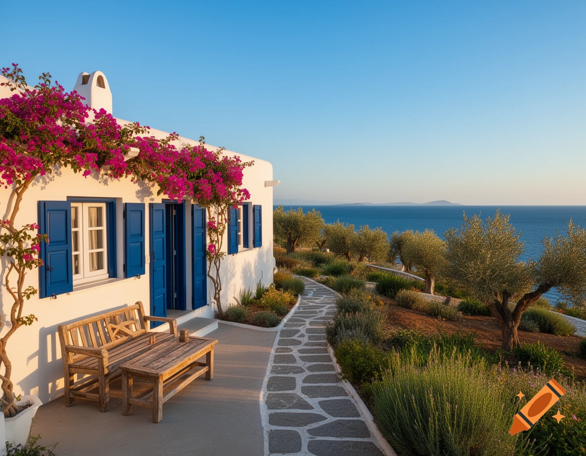 White Greek house with blue shutters and pink bougainvillea, a wooden bench, stone path, and olive trees overlooking the blue sea.