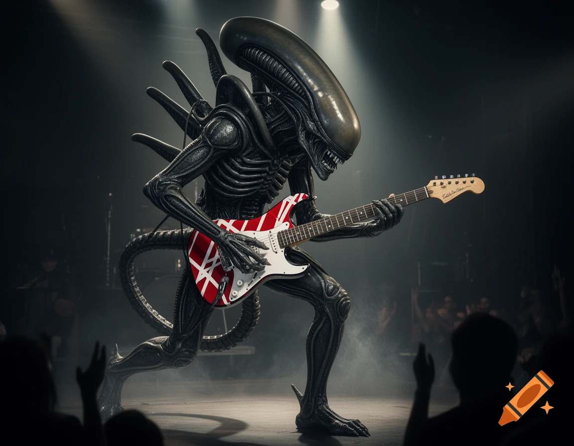 Xenomorph alien playing a red and white striped electric guitar on a smoky stage with an audience.