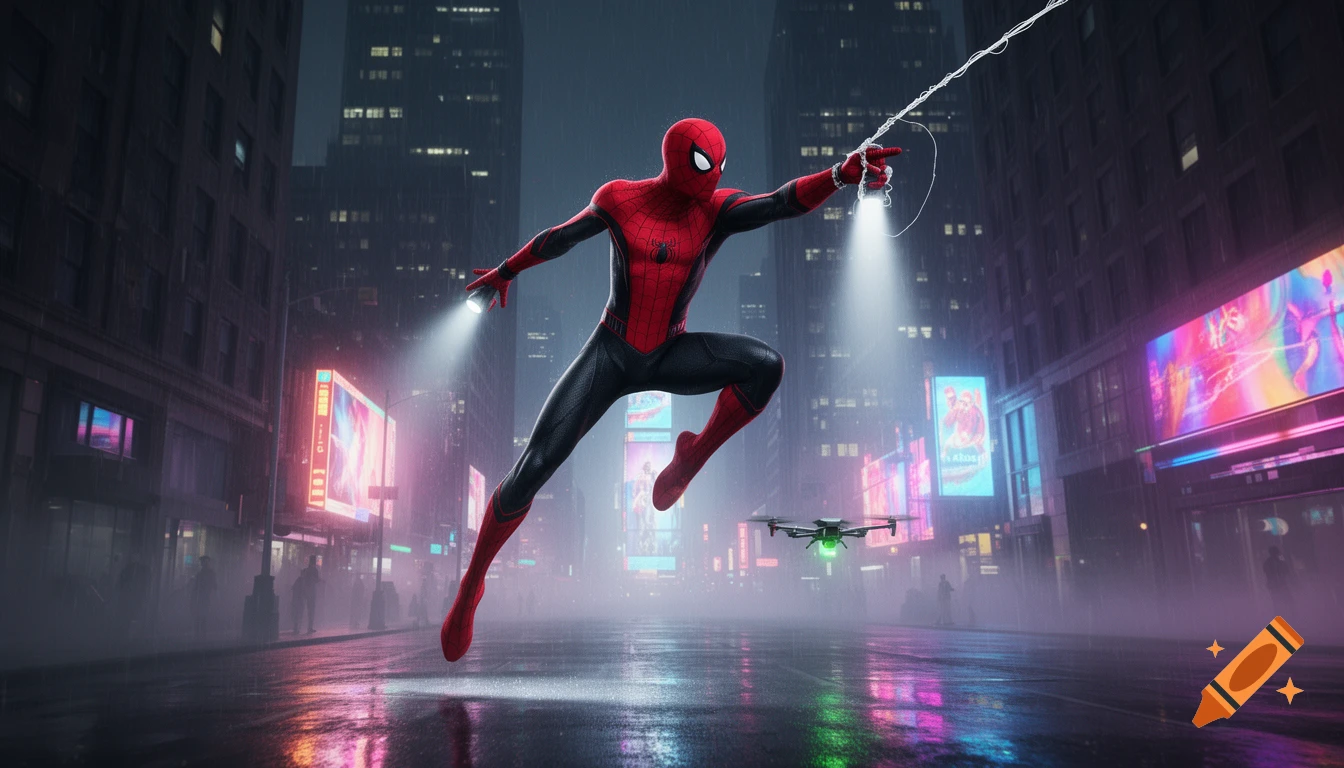 Spider-Man in a red and black suit swings through a rainy, neon-lit New York City at night, avoiding a drone.
