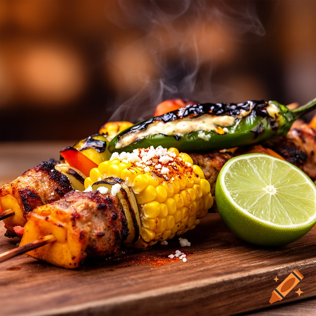 Close-up of sizzling charbroiled kebob skewers with vegetables, Mexican elote corn, a stuffed jalapeno, and a lime on a wooden board.