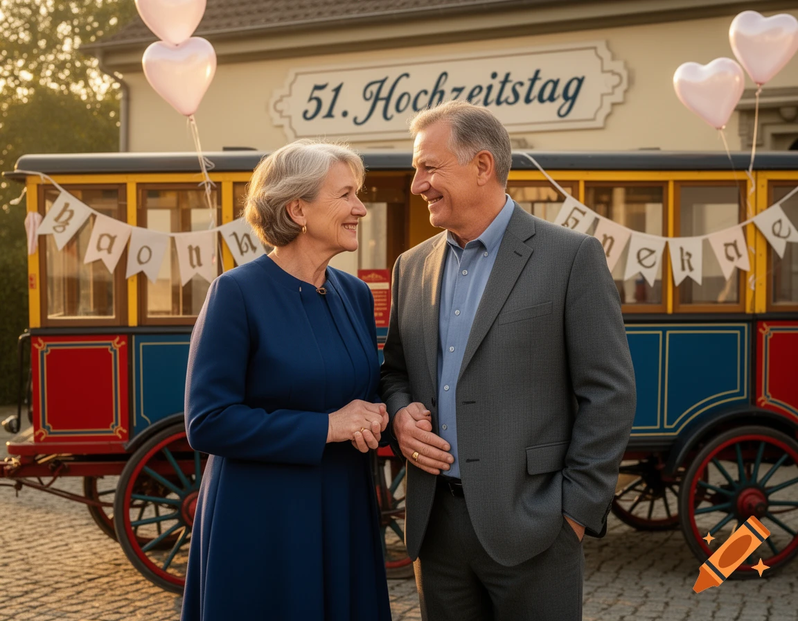A smiling elderly couple stands in front of a decorated vintage cart, with a sign on the building above reading "51. Hochzeitstag" and pink heart balloons.