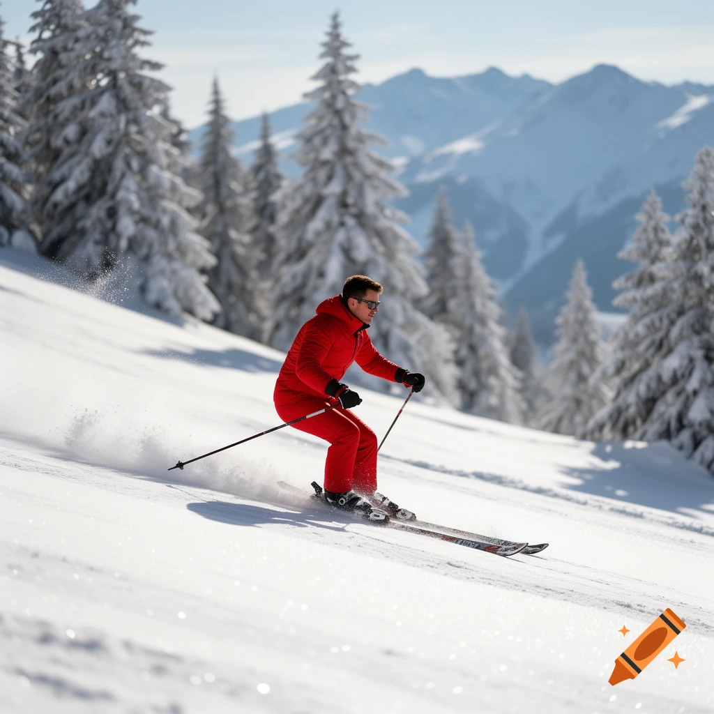 A man in a red ski suit skis down a snow-covered slope, kicking up snow, with pine trees and mountains in the background.