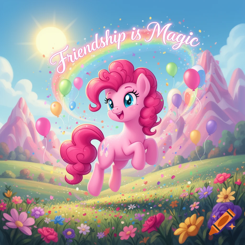 Pinkie Pie, a pink pony, floats happily in a colorful, sunny meadow with flowers and balloons, under a rainbow displaying 'Friendship is Magic'.