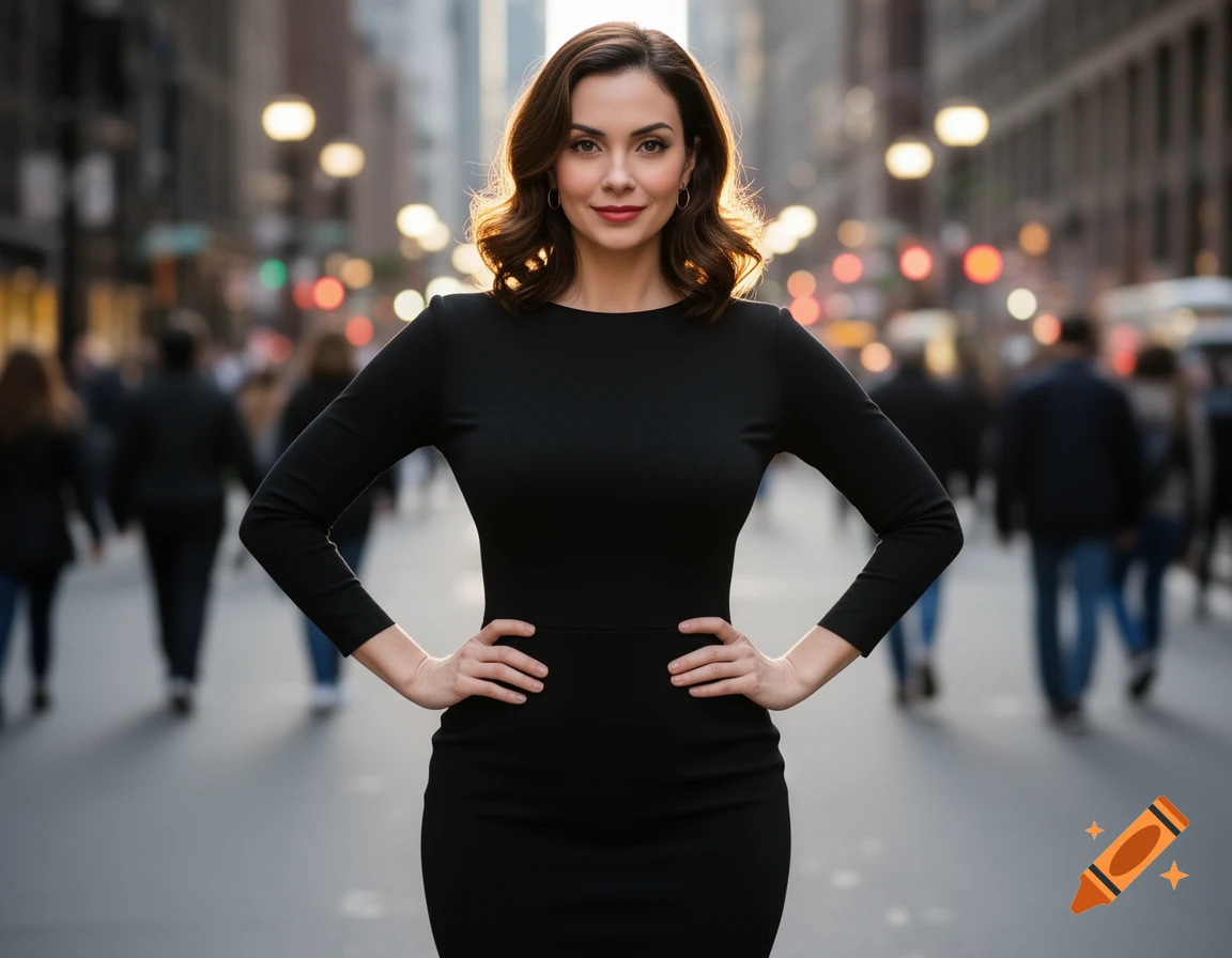 A photorealistic image of a woman in a black dress standing with hands on hips on a city street.