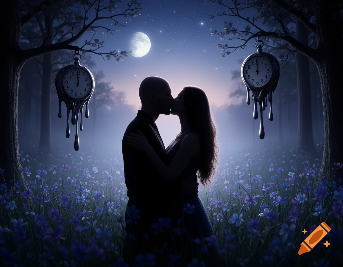 Silhouettes of a man and woman kissing in a moonlit forest meadow, with melting clocks hanging from trees and purple flowers on the ground.