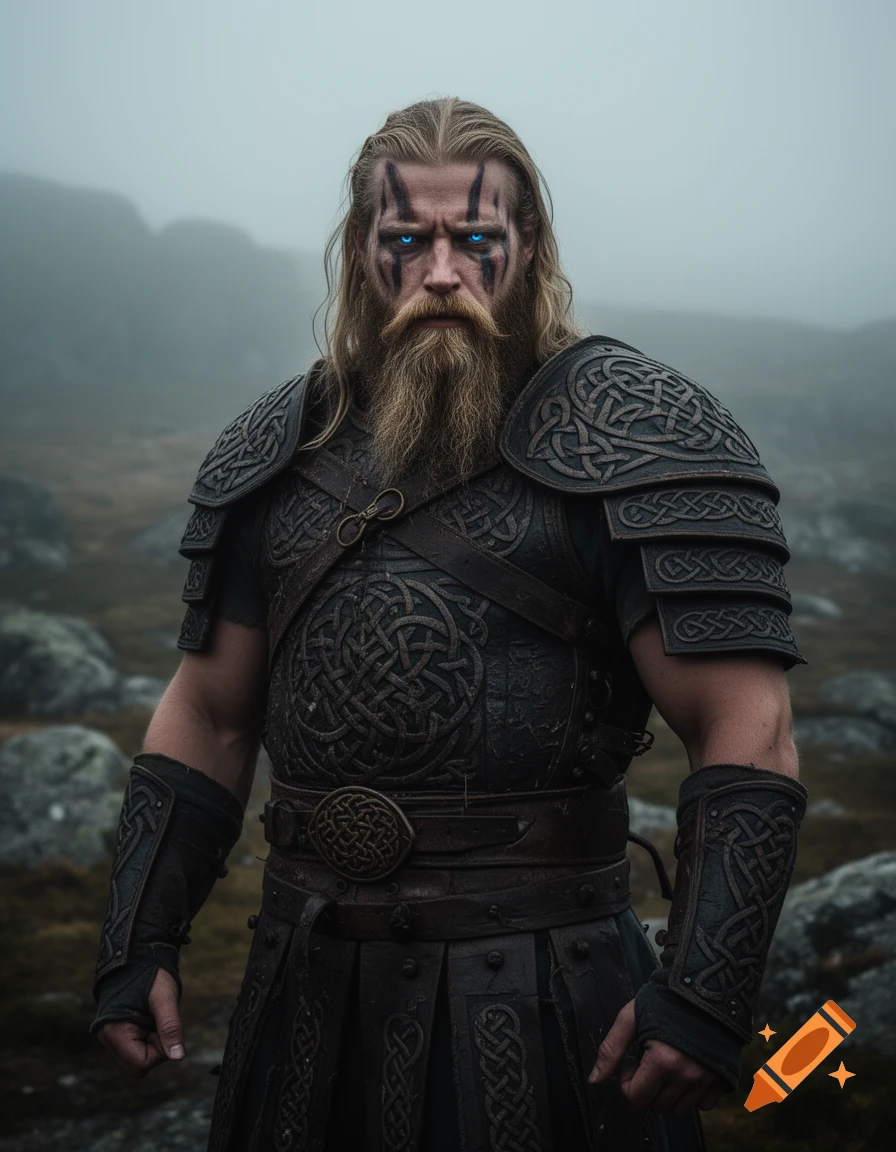 A muscular Viking with a long blonde beard, black face paint, and glowing blue eyes, wearing ornate leather armor in a misty, rocky landscape.