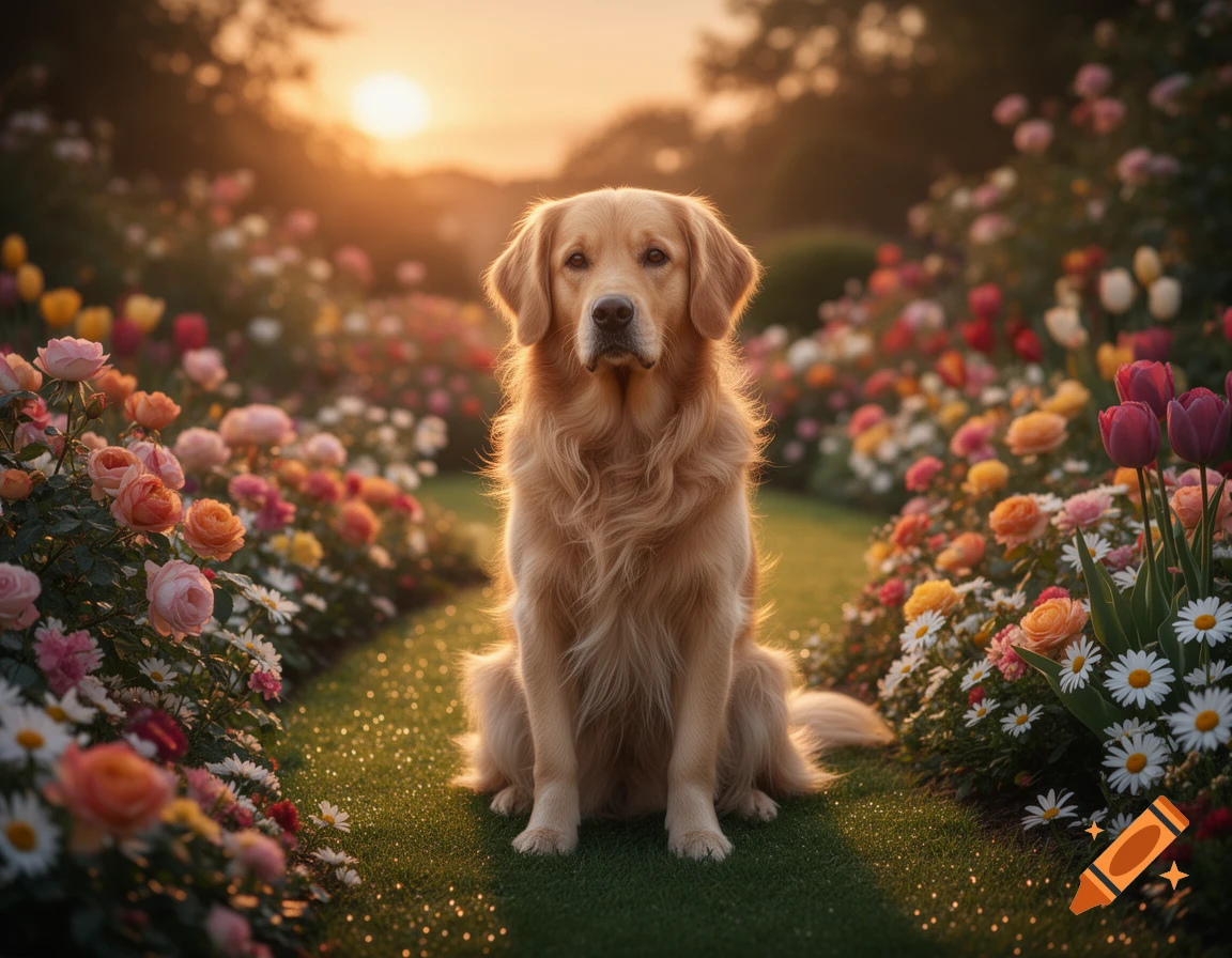 A photorealistic golden retriever sits in a vibrant flower garden bathed in warm sunset light.