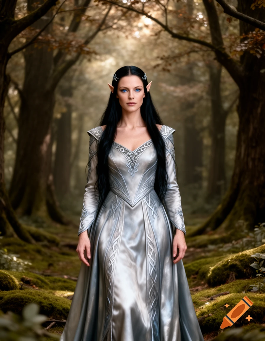 A photorealistic image of an elf woman with long black hair and pointed ears, wearing an ornate silver dress, standing in a forest.