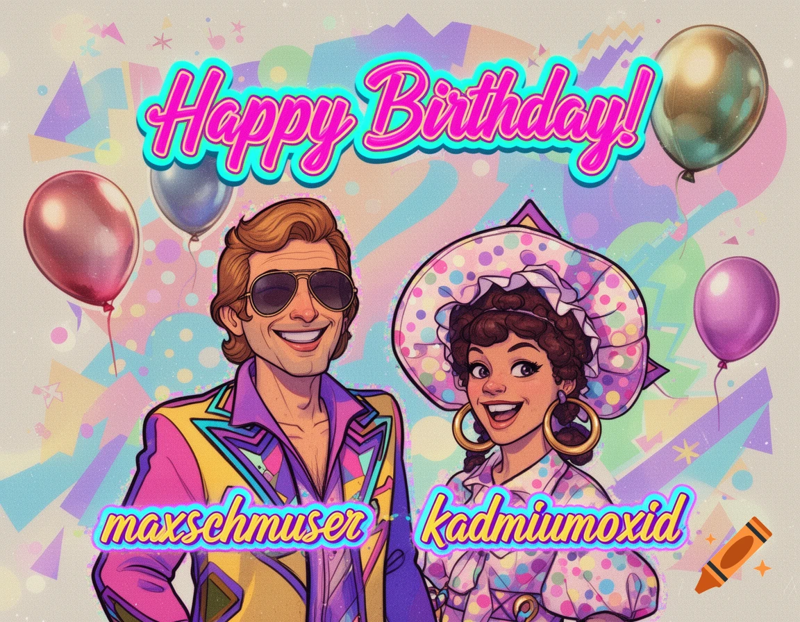 80s retro cartoon birthday greeting with a man and a woman, 'Happy Birthday!' text, 'maxschmuser' and 'kadmiumoxid', and balloons.