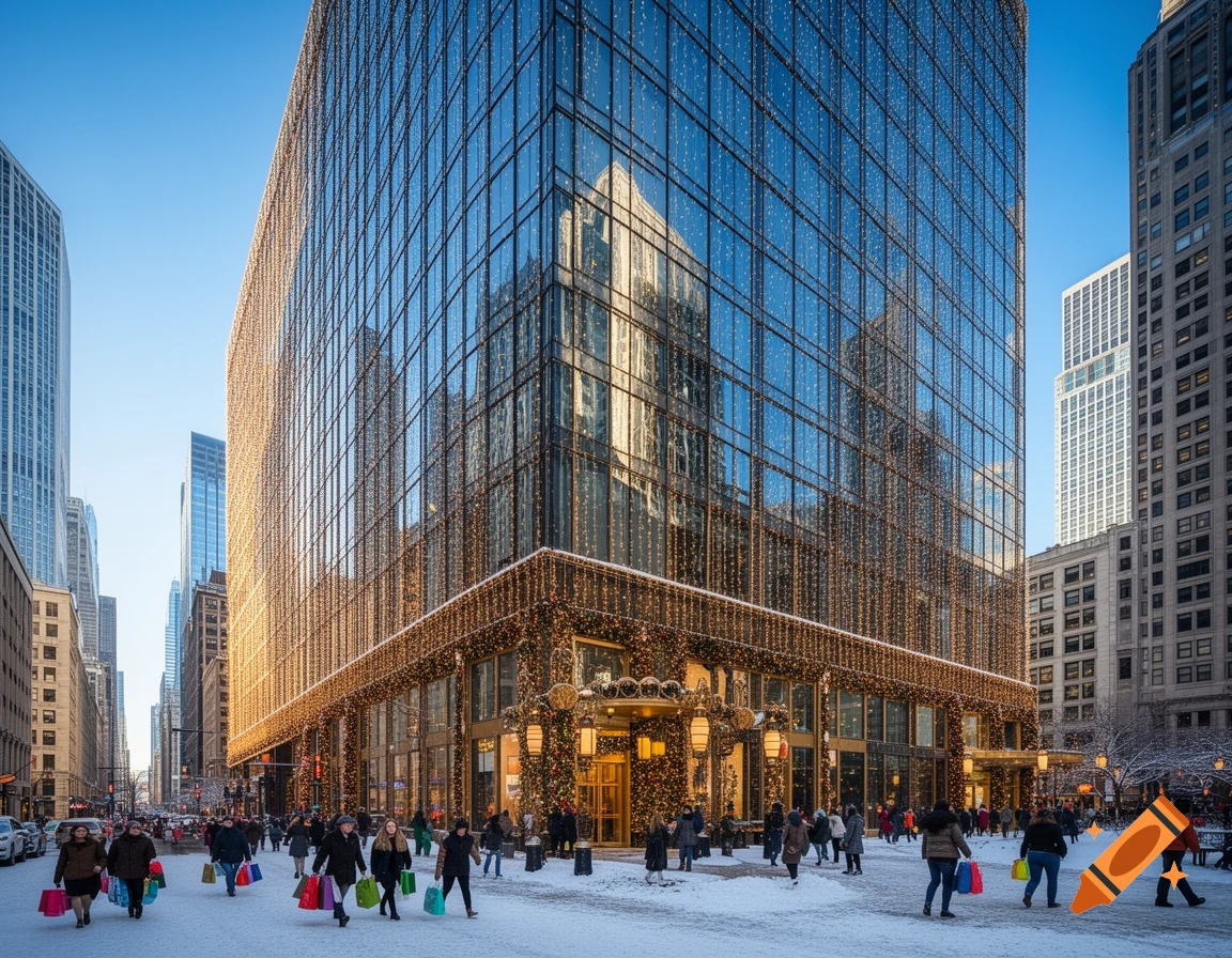 A snowy city street scene with people walking past a large glass building decorated with holiday lights under a clear blue sky.