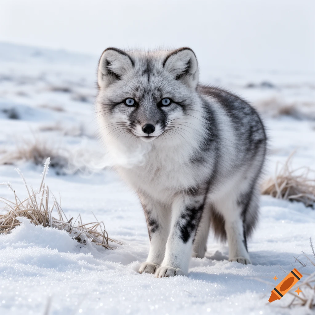 A beautiful arctic marble fox with striking blue eyes stands in a snowy field, with visible breath in the cold air.