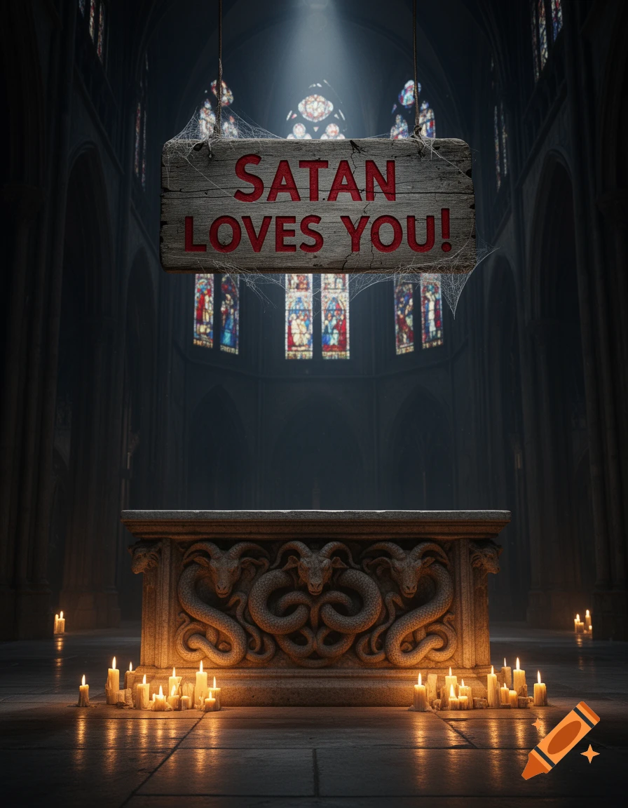 A dark, gothic church interior with a wooden sign reading 'SATAN LOVES YOU!' hanging above an ornate stone altar surrounded by lit candles.