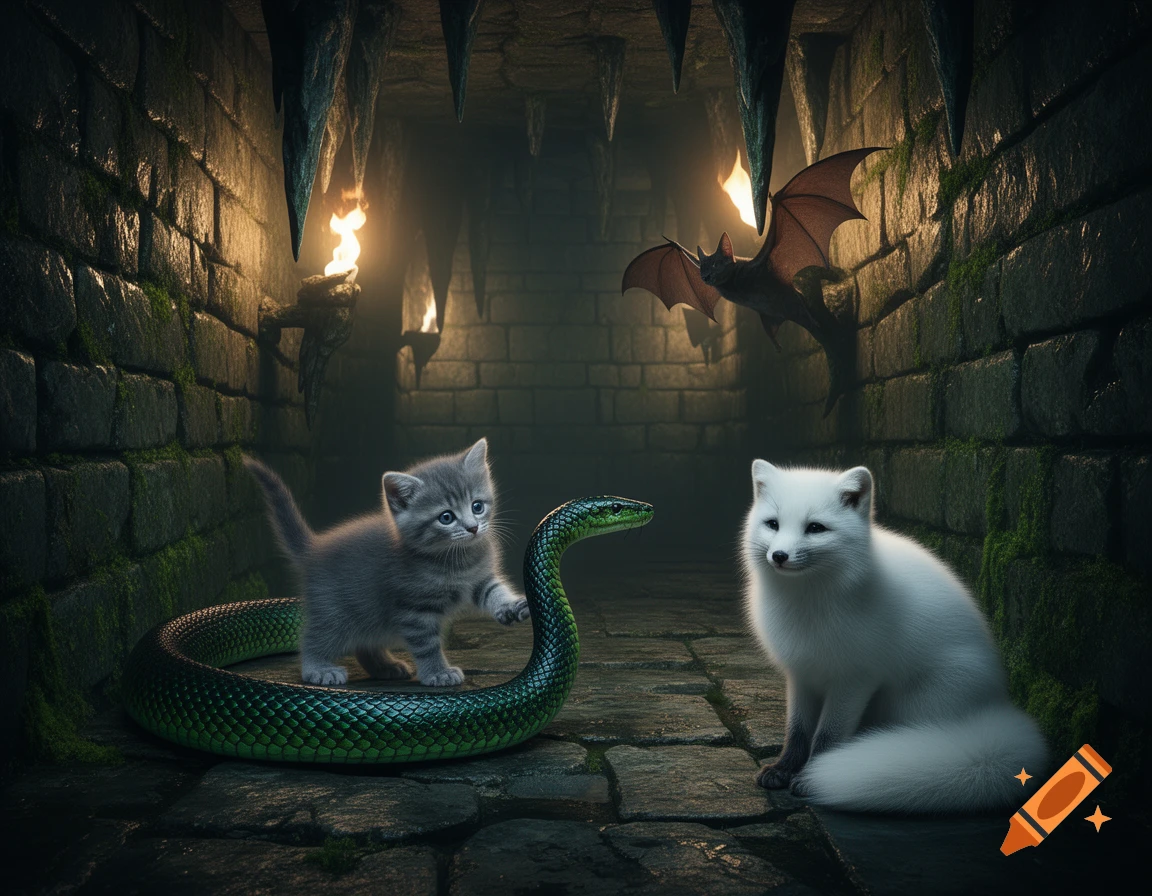 A gray kitten stands on a coiled green snake, facing a white arctic fox in a dark, torch-lit dungeon with a bat flying above.