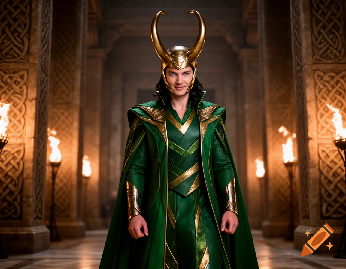 A man resembling Loki in a green and gold costume and a golden horned helmet stands in a torch-lit stone hall.