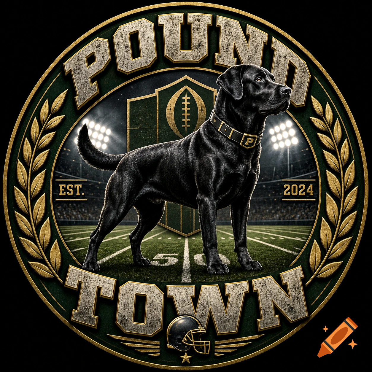 Circular American football logo featuring a black labrador retriever standing on a field, with 'POUND TOWN' text, 'EST. 2024', and a helmet.