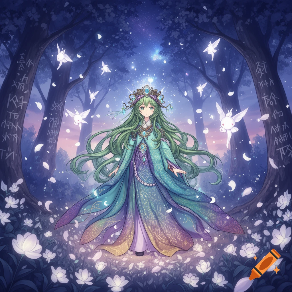 An anime girl with long green hair and an ornate teal and purple dress stands in a magical forest with glowing flowers and fairies under a starry sky.
